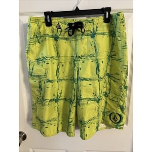 Volcom Mod Tech Board Shorts Mens 34 Bright Green Drawstrings Swim Trunks